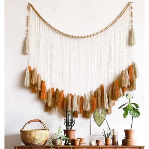 Hand-woven Tapestry wall hanging Wooden Beads Decoration Colorful Tassel Tapestry Bohemian Curtains 120CM