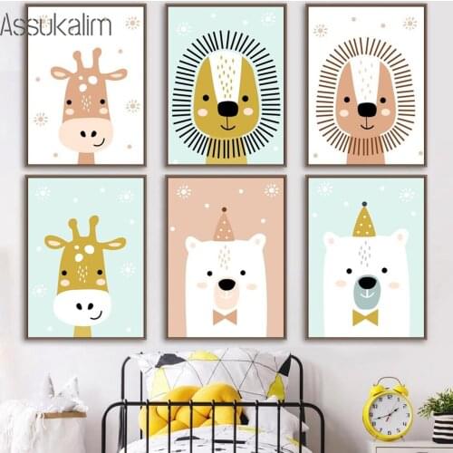 Deer Lion Poster Bear Art Print Animal Paintings Nursery Wall Art Canvas Painting Nordic Wall Pictures Baby Kids Room Home Decor