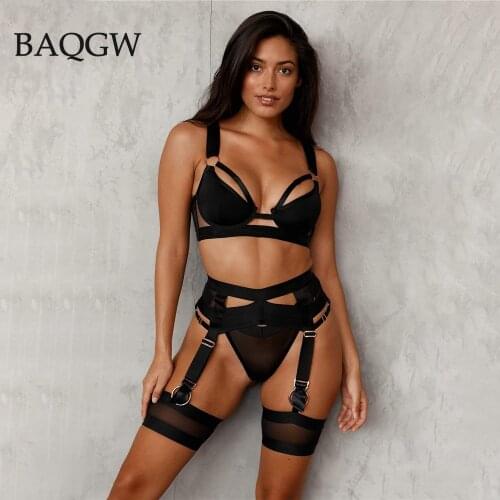 Sexy Lingerie Bra Women Underwear Lace Bandage Set Sexy Black Lingerie Set Push Up Skinny Thin 3 Piece Club Erotic Lingerie Set