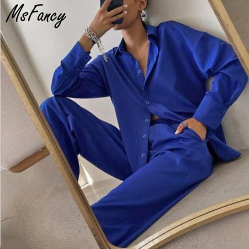 Msfancy Summer Pant Sets Women Long Sleeve Shirt Elastic Wait Wide Leg Trousers 2 Pieces Sets 2021 Female Casual Outfit