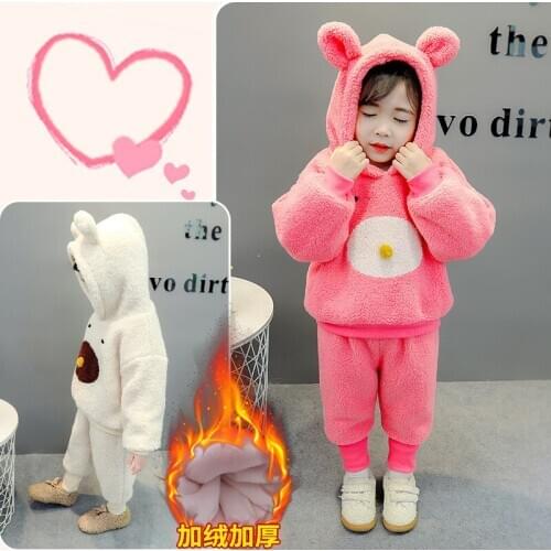 Korean Christmas Cute Girls Winter Plus Velvet Thick Warm Tracksuit Teenage Kids Outfits 3-11 Year Hoodie Pink Two Piece Suit