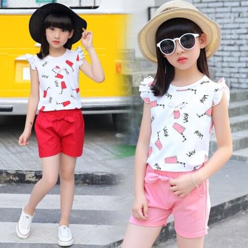 2020 new arrival Girl Sets for Summer Suits Cotton Short Sleeve T Shirt +pant Shirt Baby Sets Pink Red Green Color 3-13 Ages