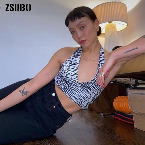 Harajuku zebra print sleeveless backless fashion tank top women summer leisure halter top female sexy club party croptop vintage