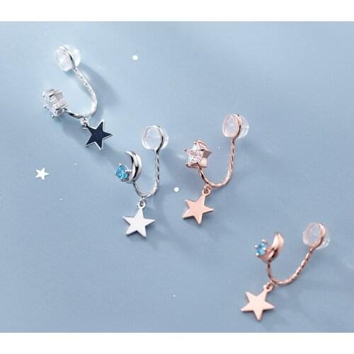 MloveAcc 925 Sterling Silver Personality Asymmetric Star & Moon Ear Clip Earrings Fake Pierced Women Earrings for Women Fine Jew
