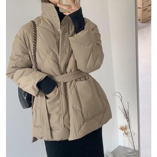 Obrix Female Casual Style Streetwear Warm Jacket Mandarin Collar Loose Belt Single Breasted Outerwear For Women