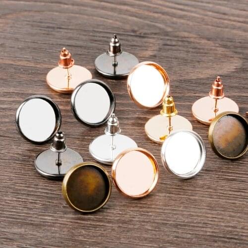Earring Findings 50pcs 6 Color Plated Stainless Iron Earring Studs(with Ear plug) Base,Fit 12mm Glass Cabochons,Jewelry Findings
