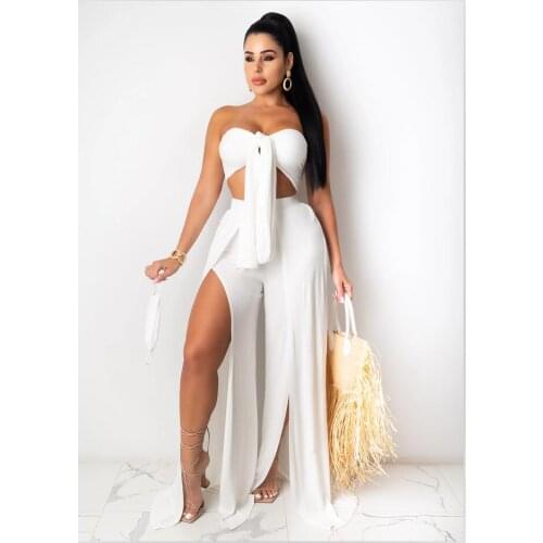 Sexy Solid Color Two-Pieces Pants Sets Women Ladies Twist Knot Bra Corset Tops+High Slit Wide Leg Pants Party Club Streetwear