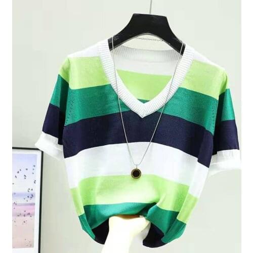 Striped V-Neck Pullover Women Short Sleeve Woman Sweater New 2021 Thin Summer Tops Knitted Korean Fashion Clothes Sweater Femme