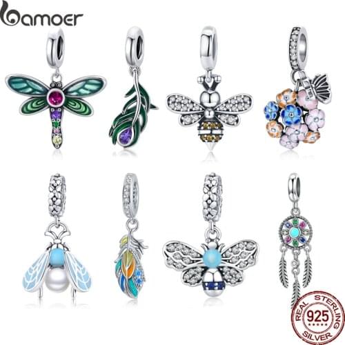 Bamoer Silver Colorful Feather Pendant Charm fit Original Bracelet for Women 925 Sterling Silver Jewelry Making BSC304