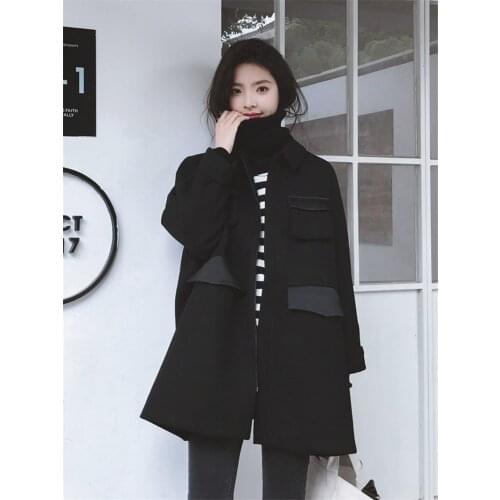 Chic Turn-down Collar Woolen Coat Women Long Patchwork Big Pocket Winter Korean Jacket Loose Blend Jaqueta Feminino Casaco f2050