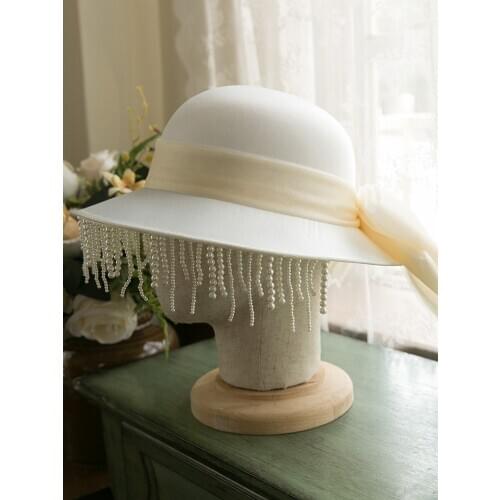 2020 Satin Fabric Bucket Hat Women Vintage Pearl Fringe Tassel Fedoras White Large Wedding Hat Silk Felt Bow Fedora Sombrero Cap
