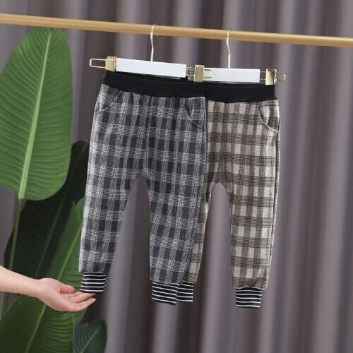 New 2020 Spring Autumn Boys Girls Cute Cartoon Print Long plaid Pants Fashion Children Loose Denim Trousers for 1 2 3 4 5 Years