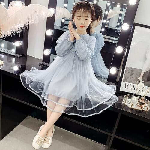 2020 Spring Lace Mesh Princess Dresses for Girls CUHK Childrens Clothing Long Sleeve Beaded Dress New Casual Cute Costume