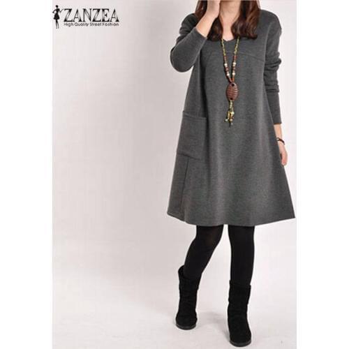 Vintage Solid Knee-Length Dress Womens Autumn Sundress ZANZEA 2021 Pullovers Long Sleeve Tunic Vestidos Female Hoodies Robe 5XL