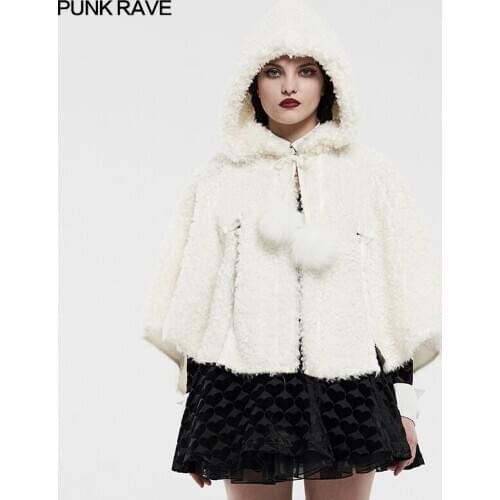 PUNK RAVE Womens Gothic Lolita Black & White Plush Cape Lovely Lace Small Wings Irregular Hem Short Coat Ball Cap Rope Design