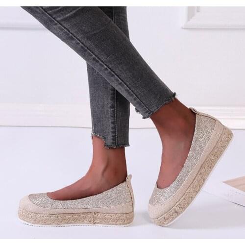 Plus Size 43 Women Espadrilles Sequined Cloth Slip on Shoes Straw Woman Loafers Flat On Platform Boat Shoes Zapatos Mujer 9347G