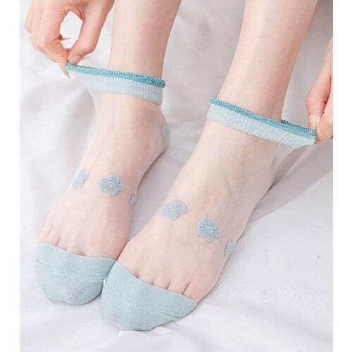 1 Pairs Women Flower Socks Summer Thin Glass Silk Socks Small Daisy Shallow Mouth Lace Transparent Breathable Boot Socks