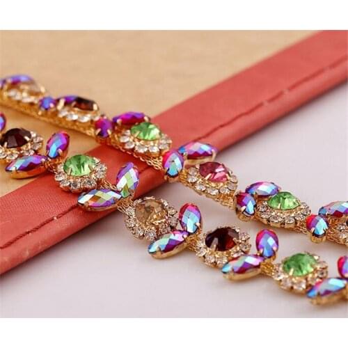1 Yard Colorful Rhinestone Crystal Golden Tone Chain Costume Applique Trims Sewing RT0027