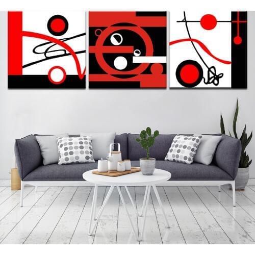 Abstract painting of red and white black modern Modular 3 panel wall Poster Nordic Canvas painting for Living Room Home Decor