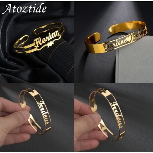 Atoztide Customized Letter Name Bracelet Personalized Custom Bangles Women Men Rose Gold Stainless Steel Chrismas Jewelry Gift