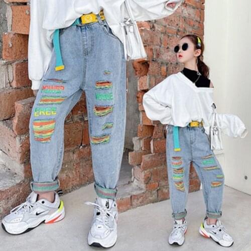 Children Pants Girls Jeans with Belt Loose Trousers 4 5 6 7 8 9 10 11 12 13 Years Girls Kids Ripped Jeans Color Hole Denim Pants