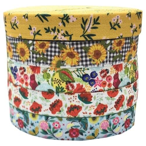 10Y 15mm Cute Flower Daisy Print Fold Over Elastic FOE Ribbon Webbing For Headwear Hair Sewing Accessories