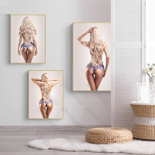 Modern Style Canvas Painting Wall Poster Sexy Semi-Nude Woman with Long Blond Hair Pretty Body for Living Rooms Bathroom Decorat