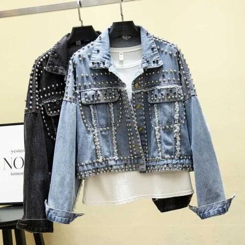 Jacket Women 2020 Autumn Hand Rivet Studded Denim Jacket Loose Outwear Female New Students Casual Short Jeans Coats