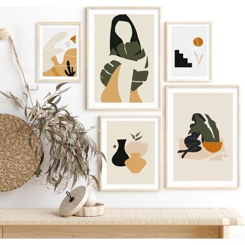 Minimalist Geometry Abstract Girl Leaf Vase Nordic Poster Nude Wall Art Print Canvas Painting Wall Picture For Living Room Decor