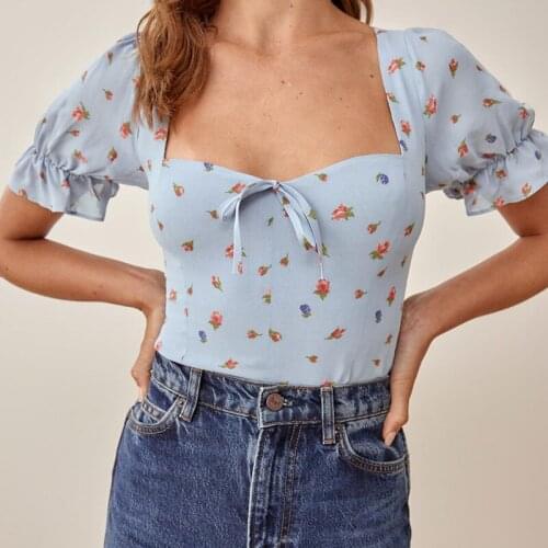 Fashion Floral Print Blouse Palace Style Square Neck Lace Puff Sleeve Short Shirt Women Short Tops
