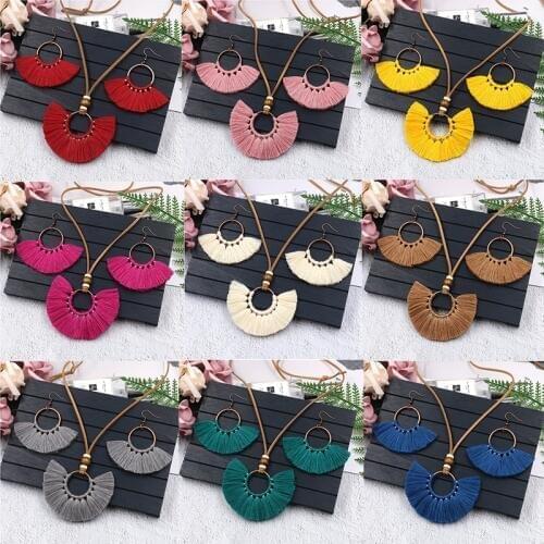3Pcs Bohemian Colorful Tassel Necklace Earrings Set Hand-woven Earrings Leather Rope Sweater Chain Women Clothing Jewelry Set