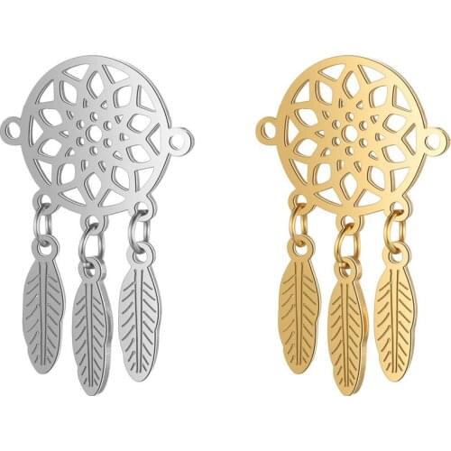 Stainless Steel Dreamcatcher Pendant Metal 18x29mm Feather Round Two Holes Connector for Bracelet DIY Jewelry Accessories 10pcs