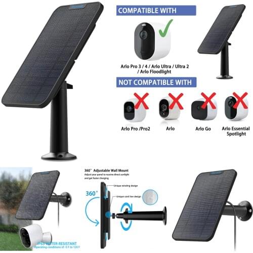 New 4W Solar Panel Charging for Arlo Pro 3/Pro 4/Ultra/Ultra 2/Floodlight Cable Mount (Black