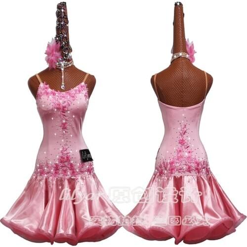 New Latin Dance Dresses Skirt Competition Dress Decoration Latin Dance Costumes Skirt Pink Embroidered Fishbone Pleated Skirtes