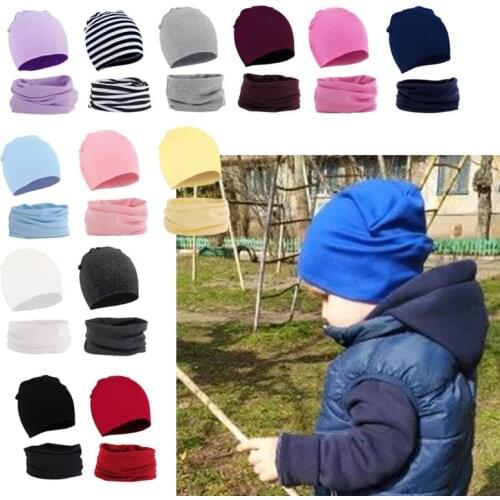 Autumn Winter Cotton Children Hat Collar 2 Set Boys Girls Hats Set Baby Solid Color Scarf Cap Two-piece