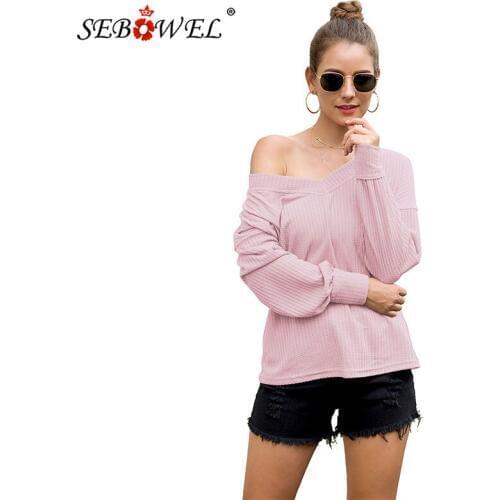 SEBOWEL Casual Knit Tunic Tops Women Sweatshirt Loose Long Lantern Sleeve V Neck Shirts Female Basic Top New Autumn Spring S-XXL