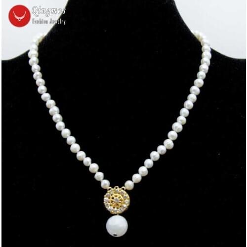 Qingmos 6-7mm Round Natural Freshwater White Pearl Necklace for Women with 12mm Moonstone Penadant Necklace Jewelry Chokers 17