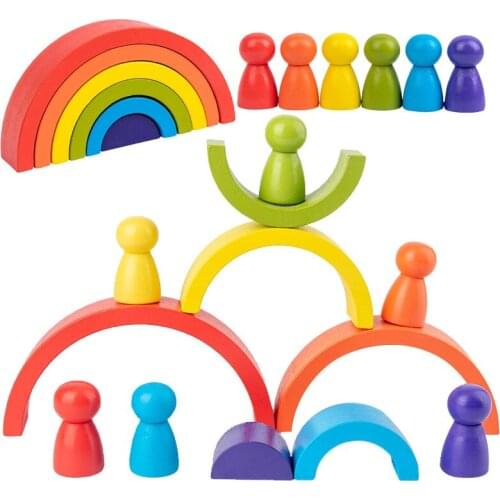 Seven-Colors Rainbow Wooden Building Blocks Montessori Early Education Creative Rainbow Jengle Arched Bricks Children Toys Gifts