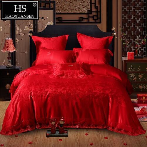 High Quality Red Delicate Lace Design 4/6/7Pieces Bedding Sets Silky Cotton Princess style Double Bedspread Sheet Home Textiles