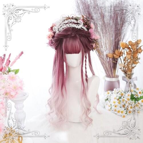Female Long Wavy Slight Curly Red Pink Gradual Change Bangs Wig Women Wigs Lolita Cosplay Party