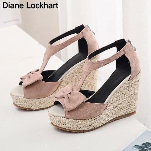 Female Espadrille Sandals Women Wedges T-Strap Fish mouth High Heel New Bow Tie Platform Shoes Women Flax Hemp Canvas Heels 32