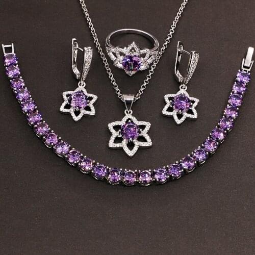 Funmode Fashion New Purple Round Shape Flower Design Small Jewelry Sets For Women Bridal collares para mujer Wholesale FS123
