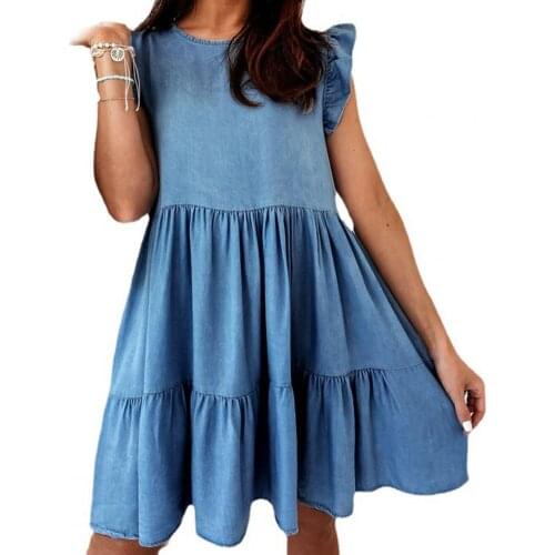 Summer Womens Clothing Loose Sleeveless Solid Color Cake Dress All Match O-Neck Ruffle Hem Loose Mini Dress Ladies Vestidos