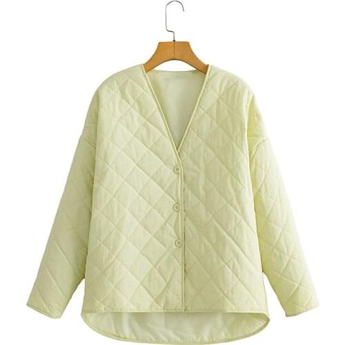 ZXQJ Women 2021 Fashion Single Breasted Loose Padded Jacket Coat Vintage V Neck Long Sleeve Female Outerwear Chic Tops