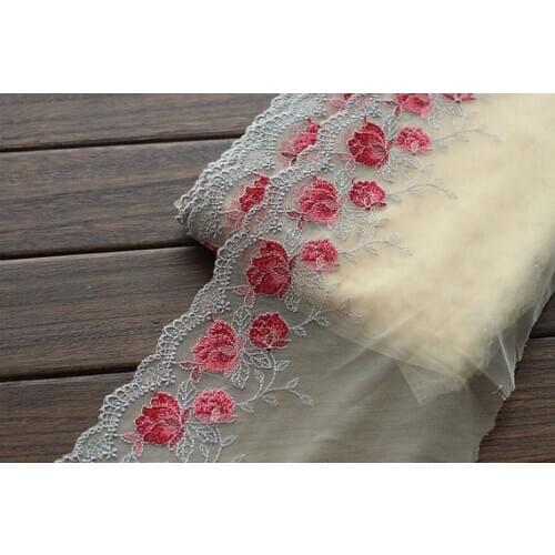 2 Yards Lace Trim Red Rose Floral Embroidered Tulle Lace 7 Inches Wide High Quality