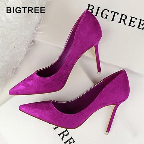 2021 New High Heels Women Fashion Pointed Toe Office Shoes Womens Solid Flock Shallow High Heels Shoes for 9 Color Women Shoes