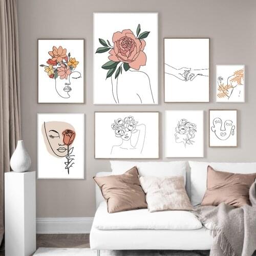 Abstract Geometric Line Girl Leaf Flower Wall Art Canvas Painting Nordic Posters And Prints Wall Pictures For Living Room Decor