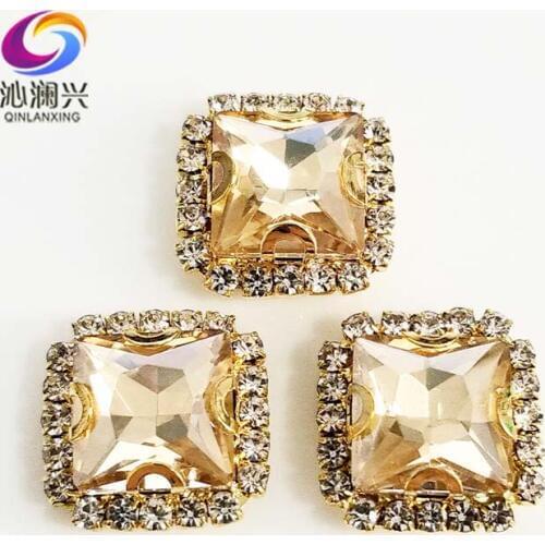 Free shipping Golden bottom champion square shape top Crystal glass buckle, sew on rhinestones for Diy/jewelry accessories