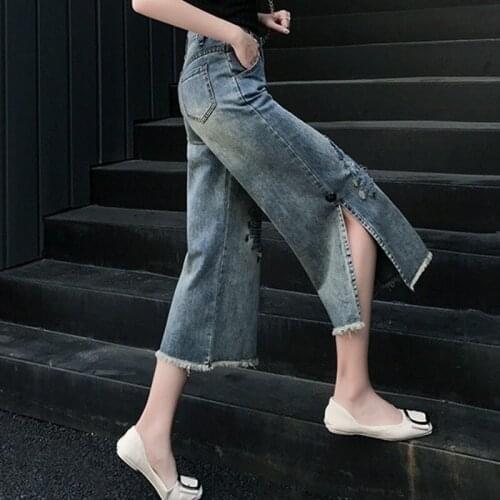 Hole Ripped Sequined High Waist Side Split Women Denim Pants Streetwear Ankle Length Female Casual Loose Straight Wide Leg Pants