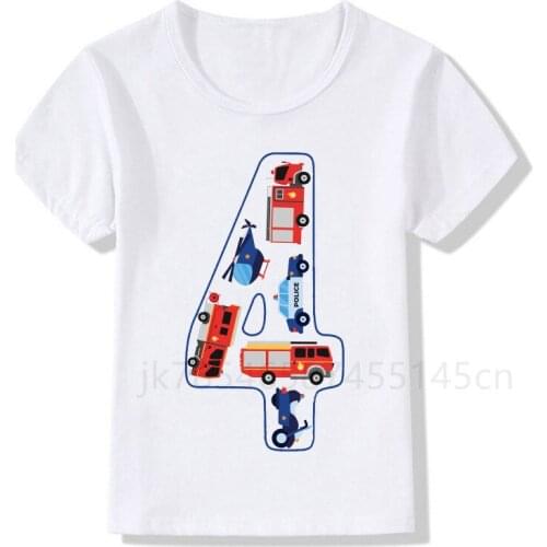 Excavator Forklift Helicopter Birthday Number Print T-shirt Child Police Car Birthday Boy T-shirt Boy Girl Funny Gift T-shirt